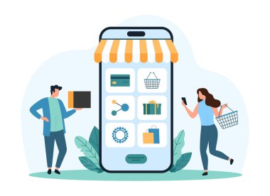 Müşteriler, perakende uygulama menüsü gösteren dev bir akıllı telefonla etkileşim halindeler, ürünleri çevrimiçi seçiyorlar ve satın almaları yapıyorlar, modern ekommerce ve dijital alışveriş vektörü çizimlerini vurguluyorlar.