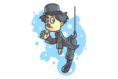 Charlie Chaplin baston ile asılı vektör karikatür çizim. 