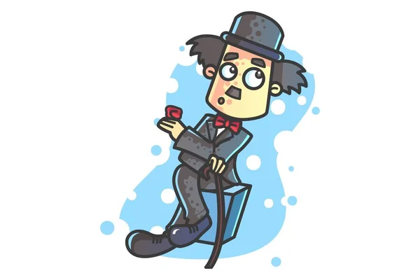 Charlie Chaplin tablosunda oturan vektör karikatür çizim, el ve baston kırmızı gül. 