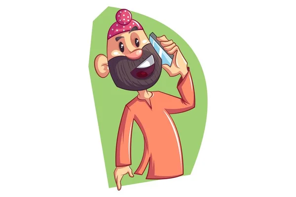 Ilustración Dibujos Animados Vectoriales Punjabi Sardar Hablando Por Teléfono Aislado — Archivo Imágenes Vectoriales