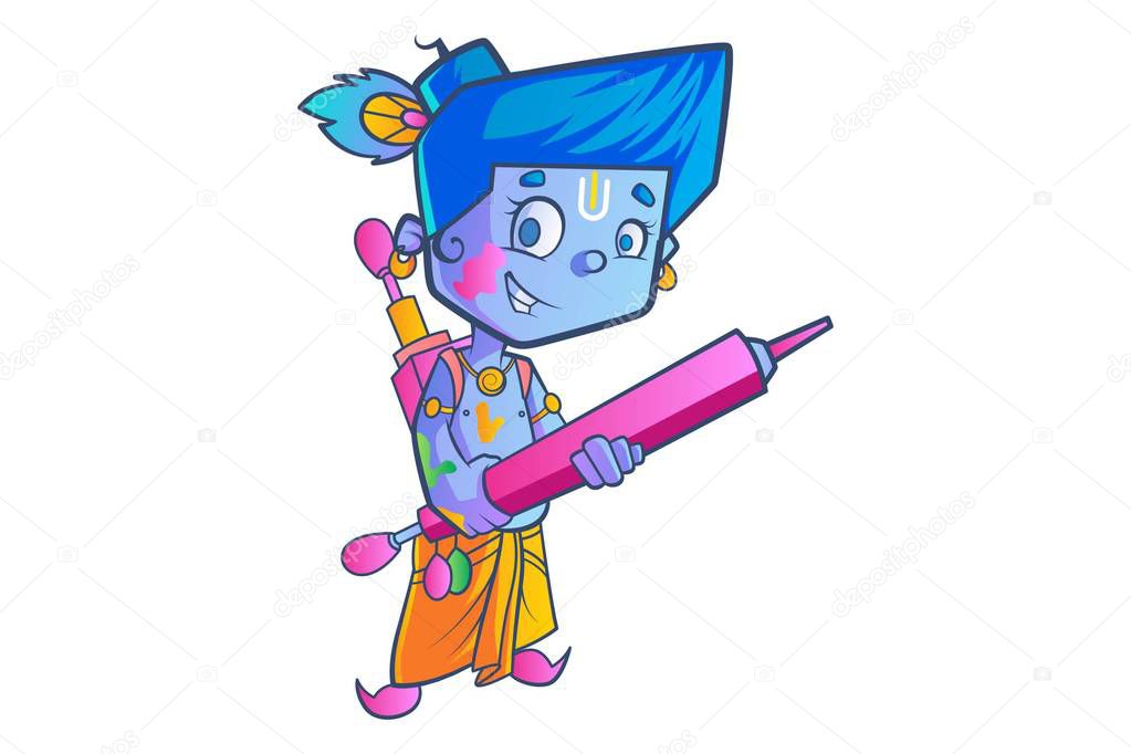 Vector Cartoon Illustration of Cute Krishna With Water Gun.Isolated On White Background.