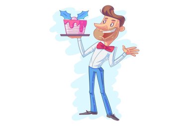 Bir tepsi ile şişe bira buz kovasının içinde tutan bir adam vektör karikatür çizim .