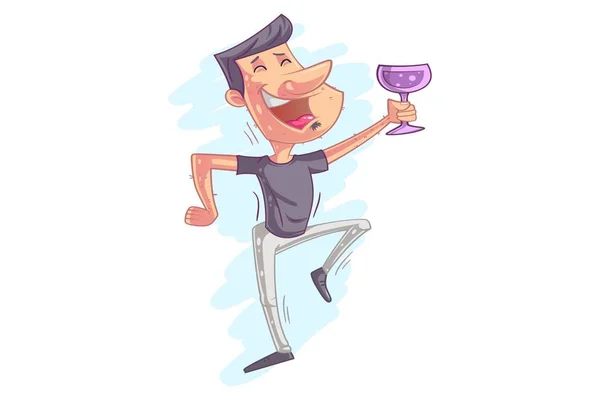 Vektor Tecknad Illustration Glada Man Dansar Med Glas Vin — Stock vektor