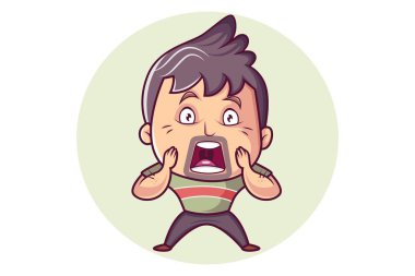 Vektör karikatür çizim. Adam el ile yüz tutan ve gözleri gösterilen. Beyaz arka plan üzerinde izole.