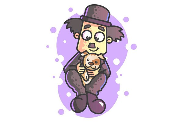 Карикатура Чарли Чаплина с щенком на белом фоне
.