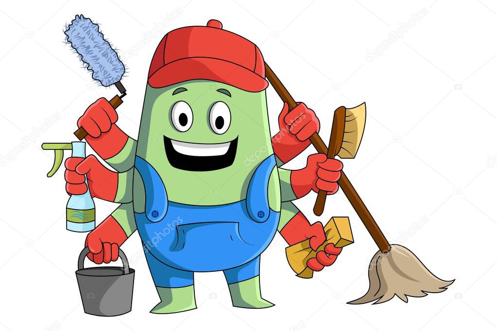 Vector cartoon illustration of cleaning man multi-tasking.Isolated on white background.