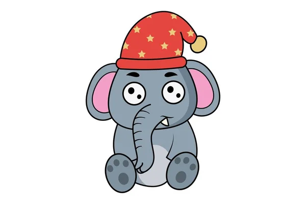 Desenho Animado Vetor Ilustração Elefante Bonito Usando Boné Natal Isolado — Vetor de Stock
