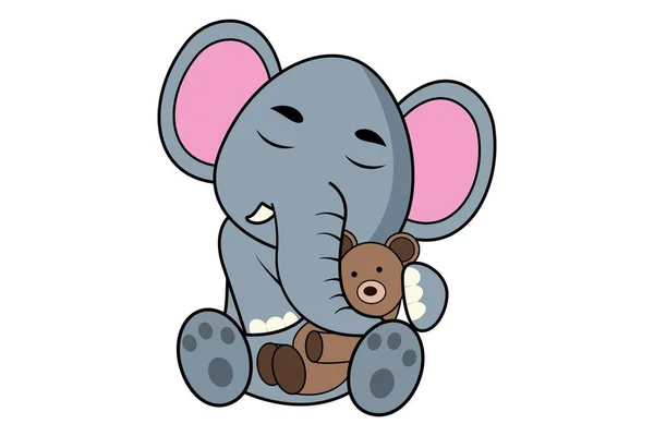 Dibujos Animados Vectoriales Ilustración Elefante Durmiendo Con Oso Peluche Aislado — Vector de stock