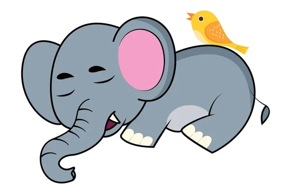 向量动画片例证 大象在上面睡觉 坐着麻雀 隔离在白色背景上 — 图库矢量图片