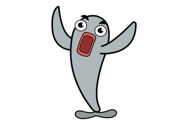 Vektör karikatür çizim balık ağzı açık ve silah açın. Beyaz arka plan üzerinde izole.