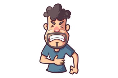 Vektör karikatür çizim midesi tutarak acı ağlayan bir adam. Beyaz arka plan üzerinde izole.