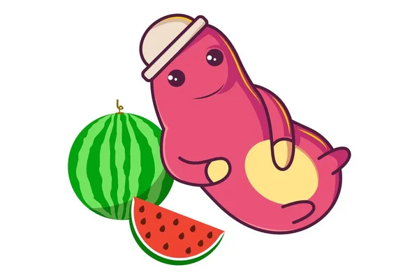 Vektor Cartoon Illustration Von Niedlichen Rosa Insekt Sitzt Mit Wassermelone — Stockvektor