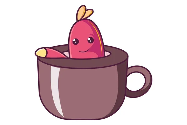 お茶のカップのかわいいピンク昆虫の着席のベクトル漫画イラスト 白い背景に分離 — ストックベクタ