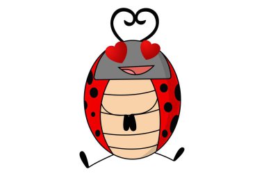 Uğur böceği kalp şekli gözleri vektör karikatür çizim. Beyaz arka plan üzerinde izole.