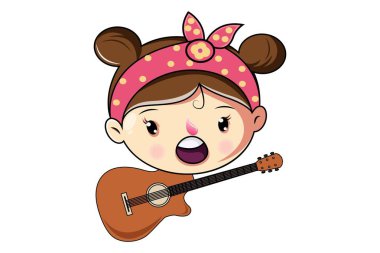 Vektör karikatür çizim gitar ile şirin kız. Beyaz arka plan üzerinde izole. 
