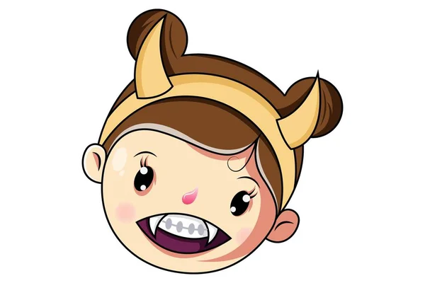 向量动画片可爱的女孩穿恶魔角和牙的例证 隔离在白色背景上 — 图库矢量图片
