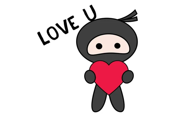 Διάνυσμα Καρτούν Εικονογράφηση Της Χαριτωμένο Ninja Καρδιά Λέει Αγαπώ Απομονώνονται — Διανυσματικό Αρχείο