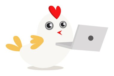 Dizüstü bilgisayar ile şirin serçe vektör karikatür çizim. Beyaz arka plan üzerinde izole.