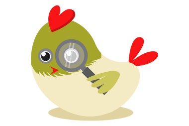 Vektör karikatür çizim büyütme cam ile şirin kuş. Beyaz arka plan üzerinde izole.