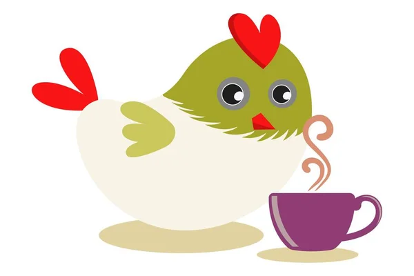 Illustrazione Del Cartone Animato Vettoriale Uccello Carino Con Tazza Isolato — Vettoriale Stock