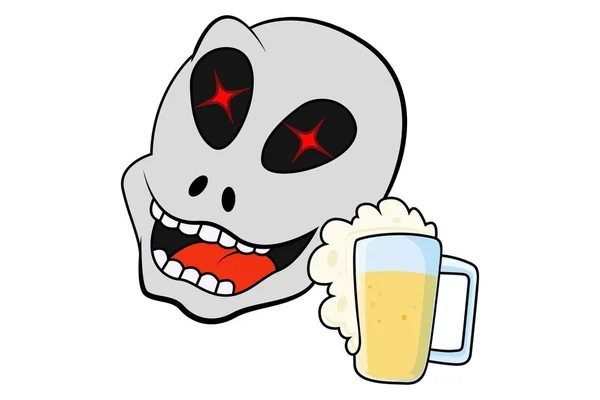 Vector Ilustración Dibujos Animados Cráneo Lindo Con Taza Cerveza Aislado — Vector de stock