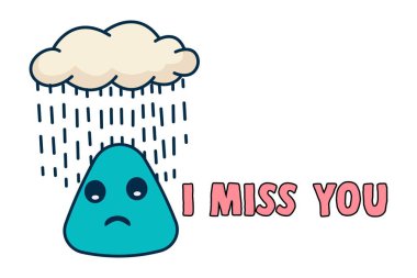 Vektör karikatür çizim. Şirin mavi yüz bulutlar görmek, yağmur yağıyor. Yazı özledim seni. Beyaz arka plan üzerinde izole.