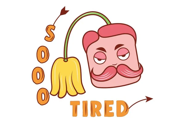 Vector Cartoon Illustration Man Tired Face Mustache Lettering Tired Isolated — Stock Vector