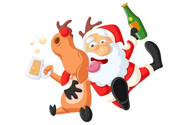 Vektör karikatür çizim. Bira şişesi, geyik bira Kupası elinde tutan şirin Noel Baba. Beyaz arka plan üzerinde izole.