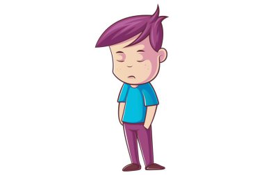 Vektör karikatür çizim üzgün yüz ile ayakta sevimli çocuk. Beyaz arka plan üzerinde izole.