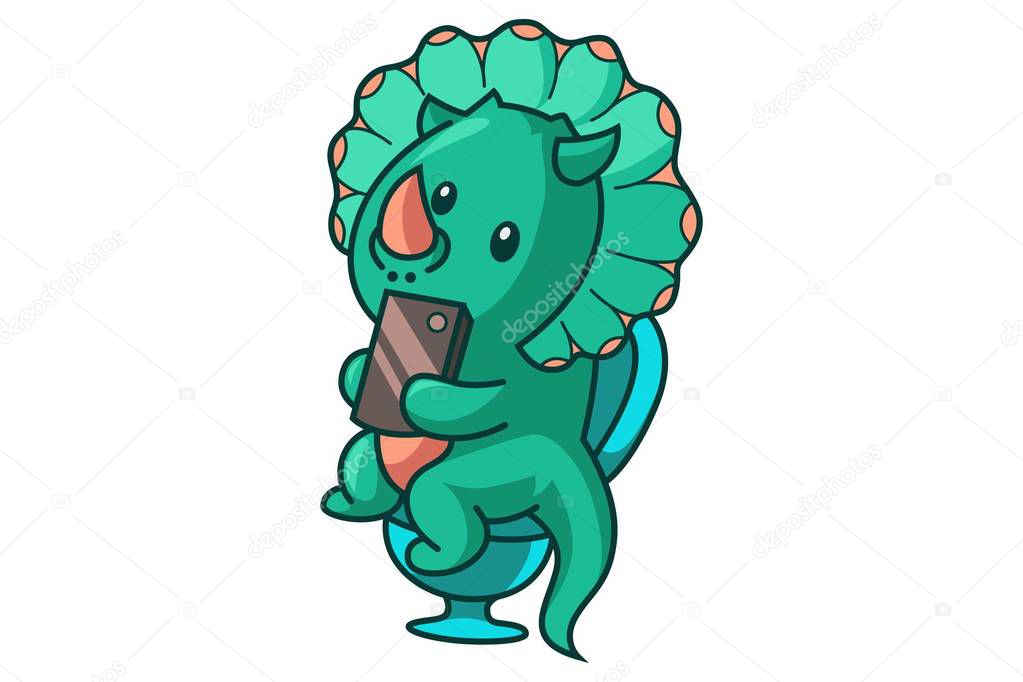 Vector cartoon illustration. Cute dinosaur sitting on bathroom seat, holding phone in hand. Isolated on white background.