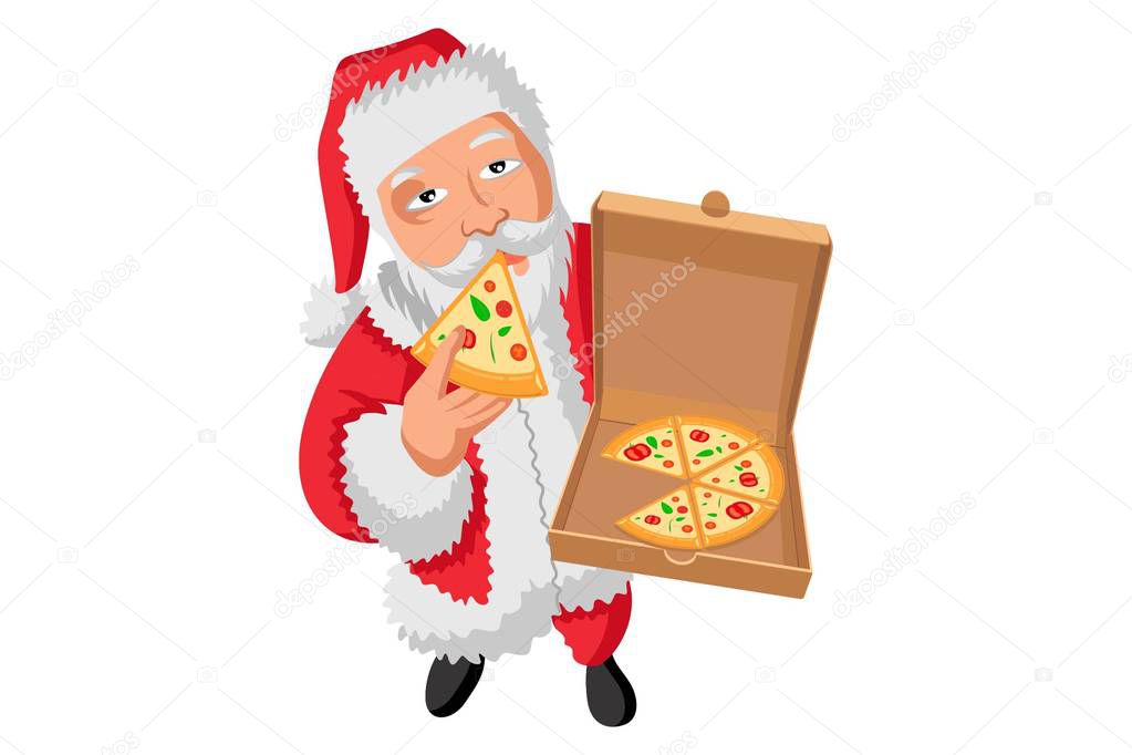 Vector cartoon illustration of Santa Claus eating pizza. Isolated on white background.
