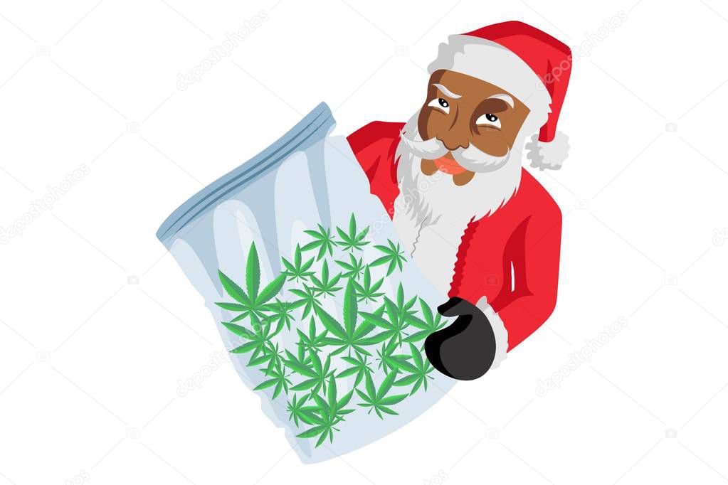 Cute Santa Claus with a packet of weed leaves. Vector Illustration. Isolated on white background.
