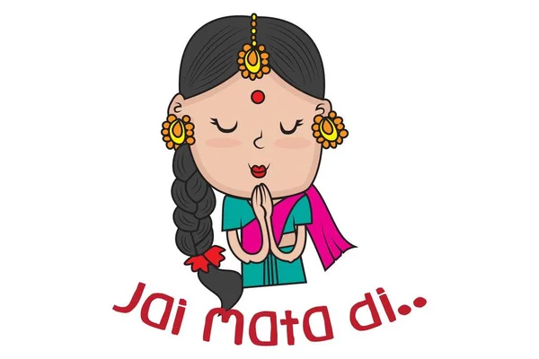 Vector Cartoon Illustration Cute Girl Saying Jai Mata Изолированный Белом — стоковый вектор