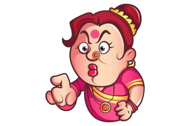Iyer Teyze ji yüz ve el ifade vektör karikatür çizim. Beyaz arka plan üzerinde izole. 