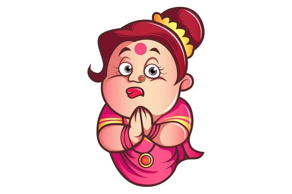 Vektor Cartoon Illustration Von Iyer Aunty Mit Greet Hand Isoliert — Stockvektor