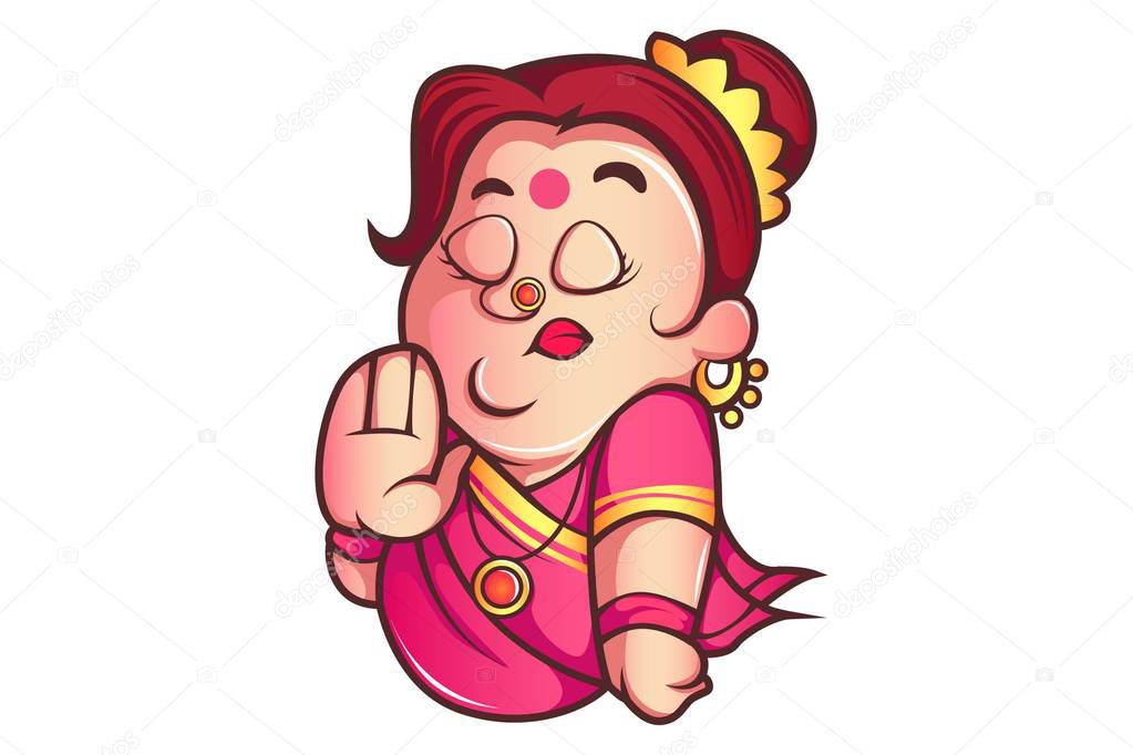 Vector cartoon illustration of iyer aunty ji hand expression with closed eyes. Isolated on white background.