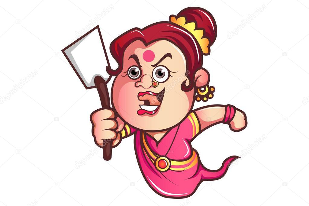 Vector cartoon illustration of funny iyer aunty ji with spatula. Isolated on white background.