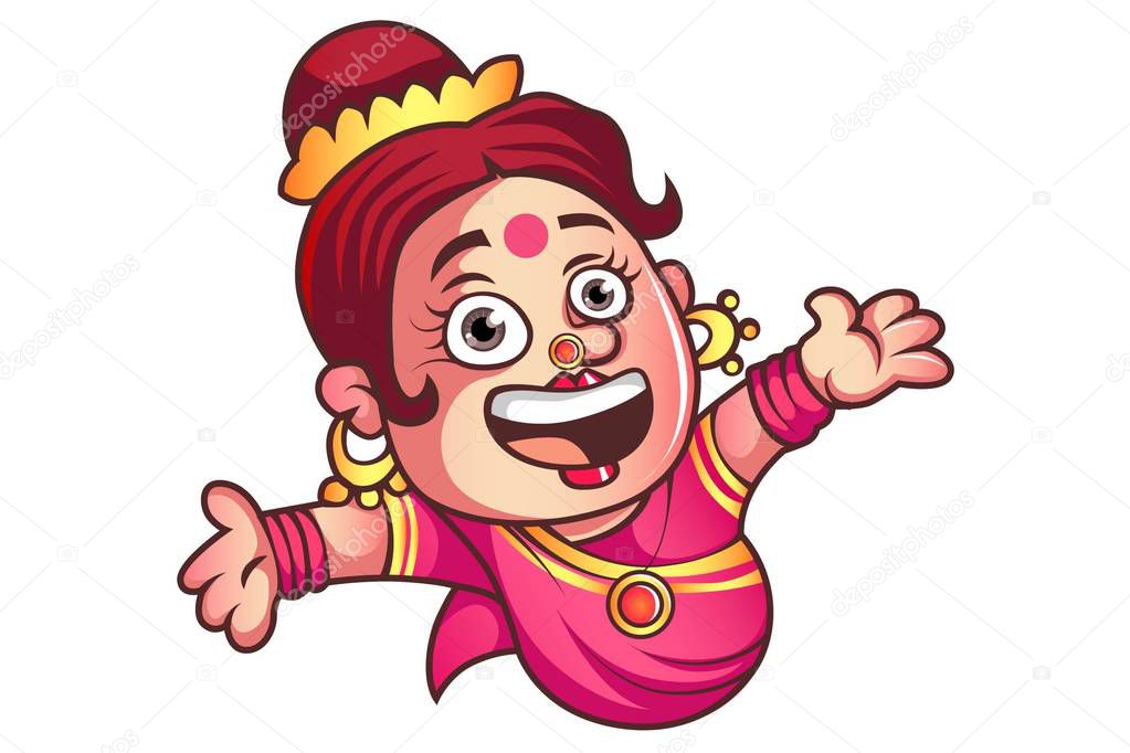 Vector cartoon illustration of funny iyer aunty ji with open hand. Isolated on white background. 