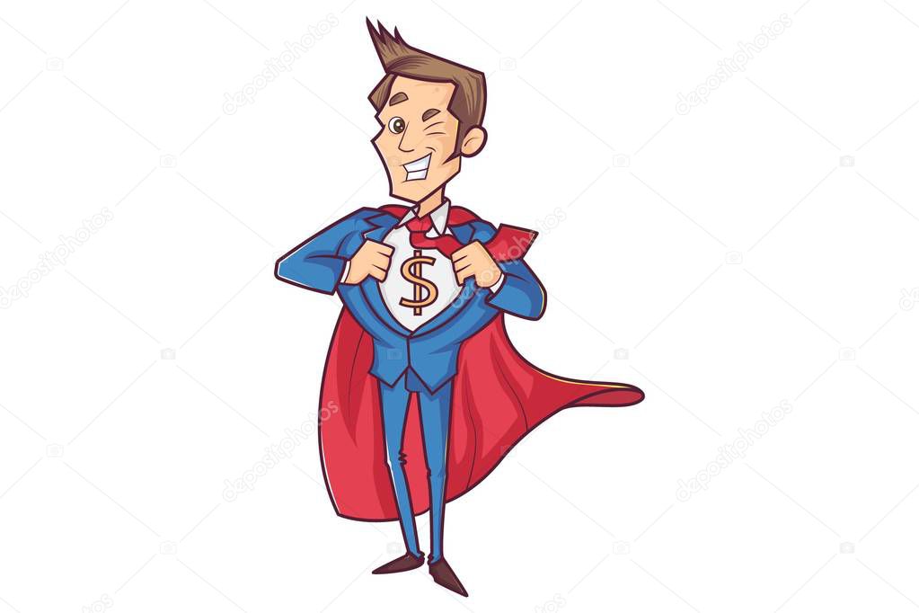Vector character illustration of businessmen posing like a superhero,supermen with red cape waving in the wind . Isolated on white background.