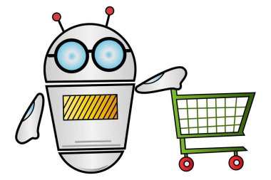 Vektör karikatür çizim Robot alışveriş arabası tutuyor. Beyaz arka plan üzerinde izole. 