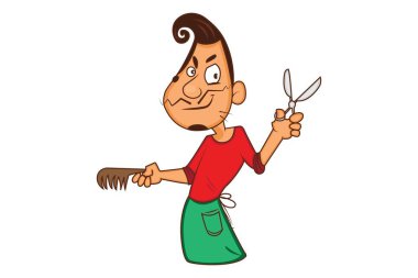 Kuaför makası ve tarak ile vektör karikatür çizim. Beyaz arka plan üzerinde izole.