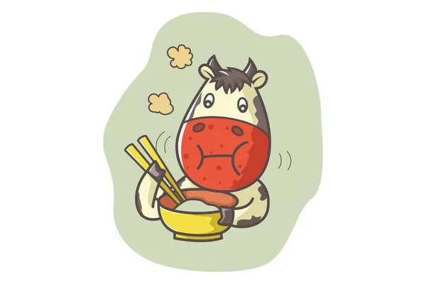 Illustrazione Del Cartone Animato Vettoriale Mangiare Mucca Carino Isolato Sfondo — Vettoriale Stock