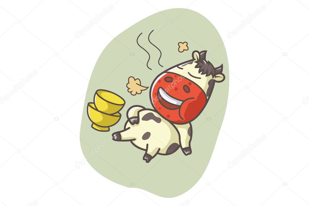 Vector cartoon illustration of cute cow burping after eating food . Isolated on white background.