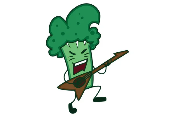 Vektor Gambar Kartun Brokoli Lucu Dengan Gitar Terisolasi Pada Latar - Stok Vektor