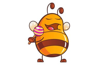 Şirin bal arısı bir lolipop el ile vektör karikatür çizim. Beyaz arka plan üzerinde izole.