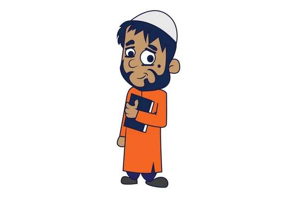 Vektor Kartun Ilustrasi Lucu Muslim Pria Memegang Buku Tangan Terisolasi - Stok Vektor