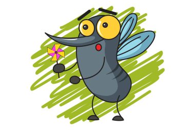 Vektör karikatür çizim çiçek ile şirin sivrisinek. Beyaz arka plan üzerinde izole.