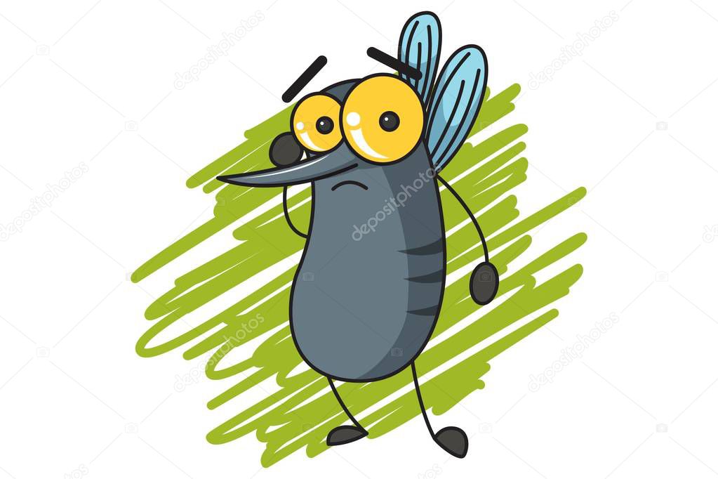 Vector cartoon illustration of cute mosquito confused. Isolated on white background.