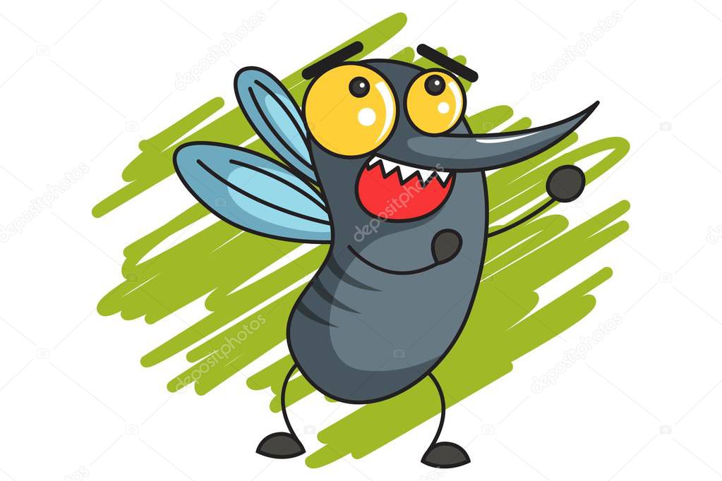 Vector cartoon illustration of cute mosquito pleasing. Isolated on white background.