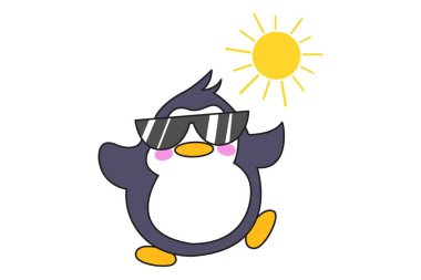 Sevimli penguen gözlüklü vektör karikatür çizim. Beyaz arka plan üzerinde izole.